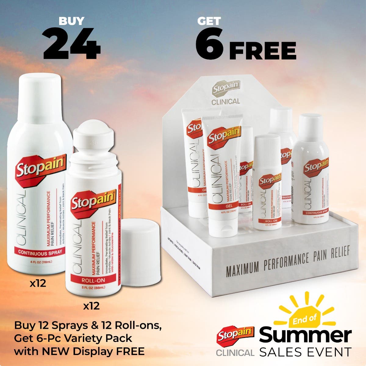 Stopain® Clinical Buy 12 Sprays & 12 Roll-Ons Get 6-Piece Variety Pack (Plus Display!) Free