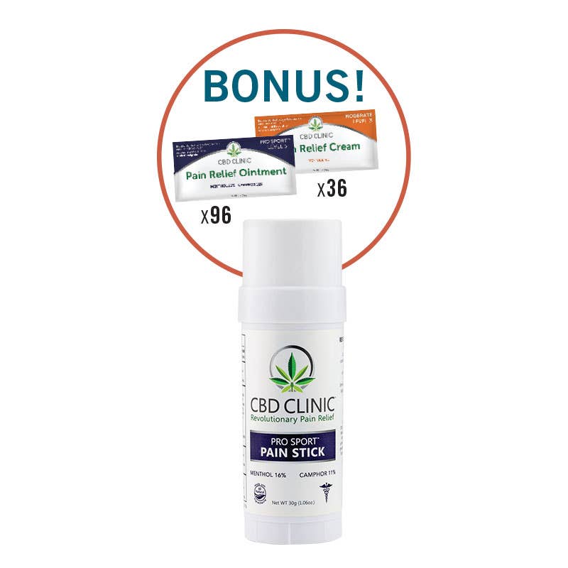 Buy 15 CBD CLINIC™ Pro Sport Pain Sticks Get (36) Level 3 & (96) Level 5 Sample Packets (1gm)