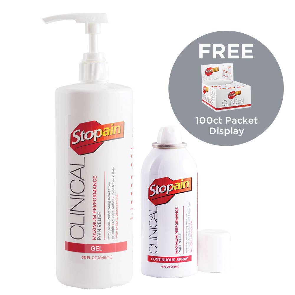 Buy (10) Stopain® 4 oz Sprays + 32 oz Pump and Get a 100ct (5gm) Packet Display Free