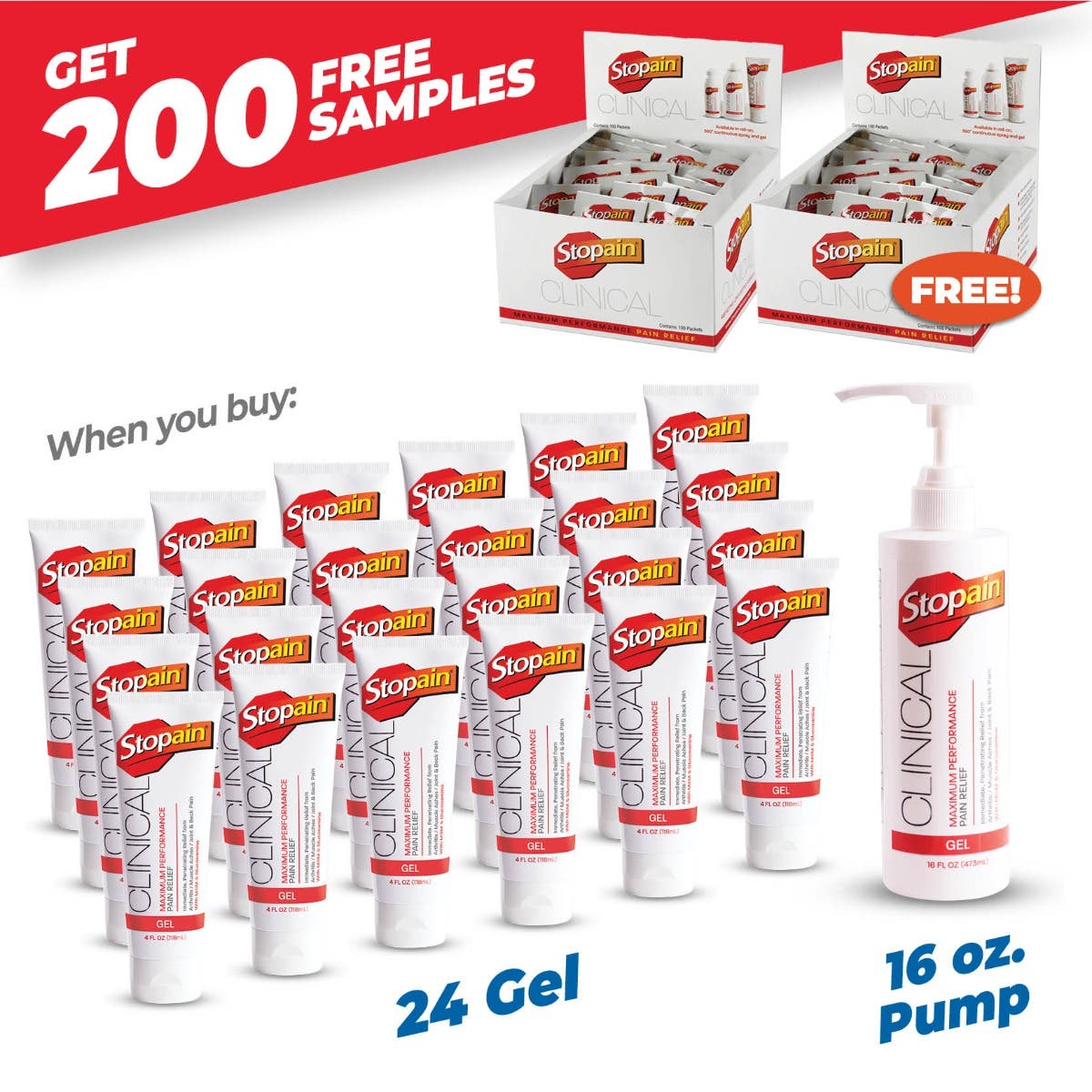 Stopain® Buy 24 Gel Tubes+16 Oz Pump Get 2 Free 100ct Sample Packet Boxes