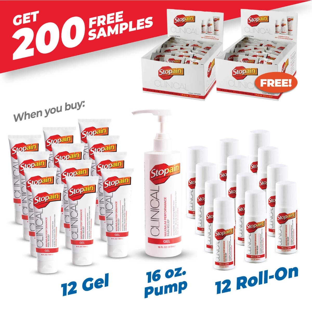 Stopain® Buy 12 Roll On's + 12 Gel Tube's + 16oz Pump Get 2 Free 100ct Sample Packet Boxes
