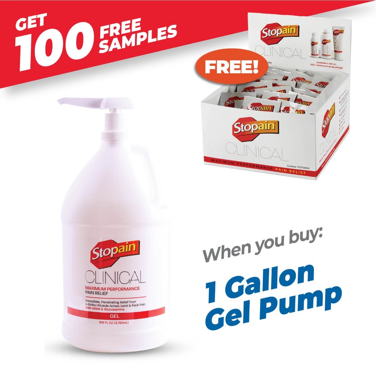 Stopain Buy 1 Gallon Pump and Receive Free 100ct Sample Packet Box 99$