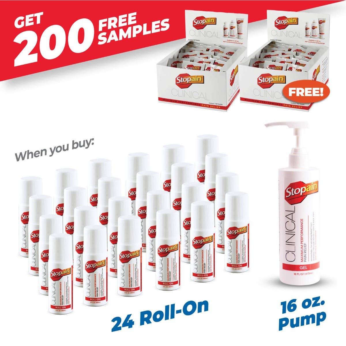 Stopain® Buy 24 Roll On's + 16 Oz Pump and Get 2 Free 100 Ct Sample Boxes